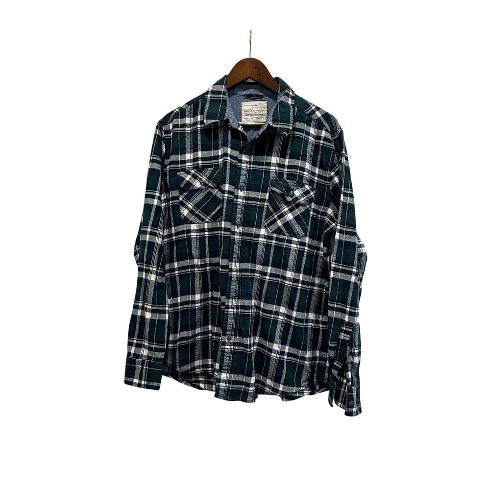 Weatherproof Vintage, Flannel button down, green, blue, and white plaid pattern
